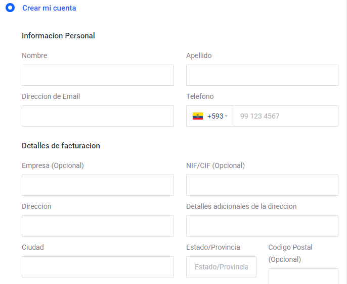 Información para crear dominio