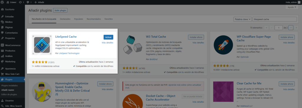 Instalar Litespeed cache desde WordPress