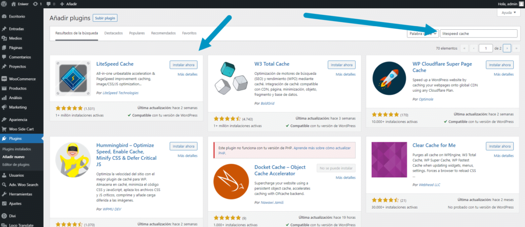 Instalar Litespeed cache desde WordPress