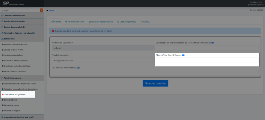 API de Google Maps en SonicPanel
