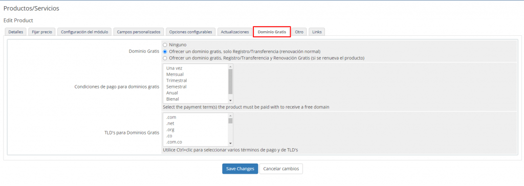 Dominio Gratis en WHMCS
