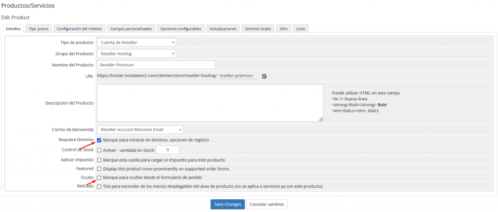 detalles del porducto de reseller whmcs