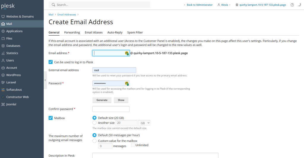 Crear cuentas de correo electronico en Plesk