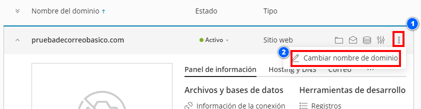 Cambiar el dominio principal en Plesk