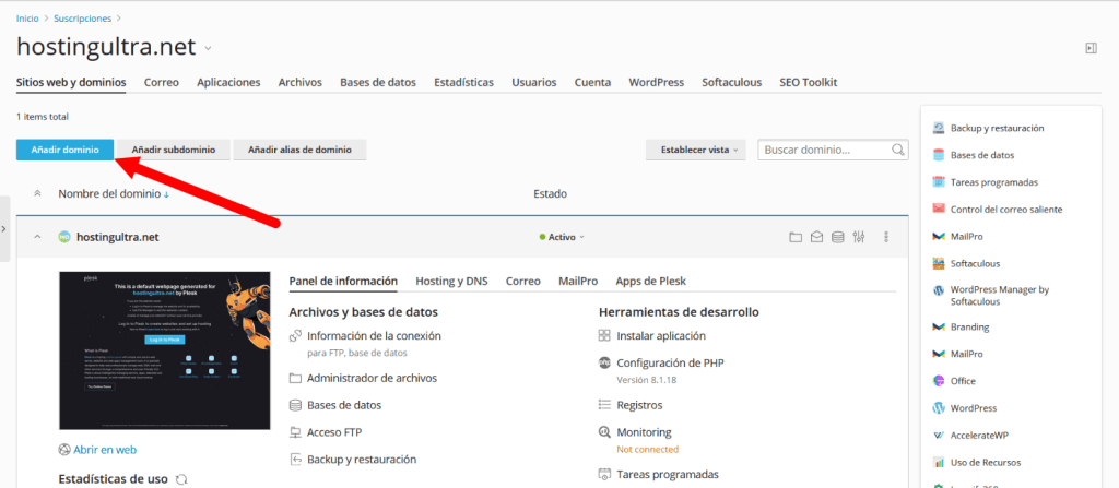 dominio adicional plesk