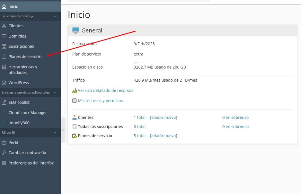 crear un Plan de Servicio en Plesk