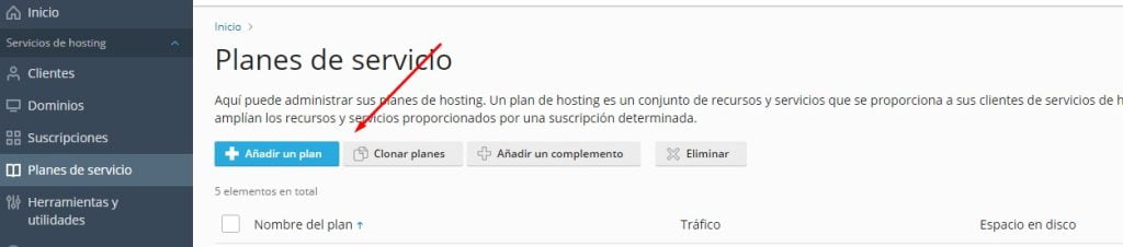 crear un Plan de Servicio en Plesk