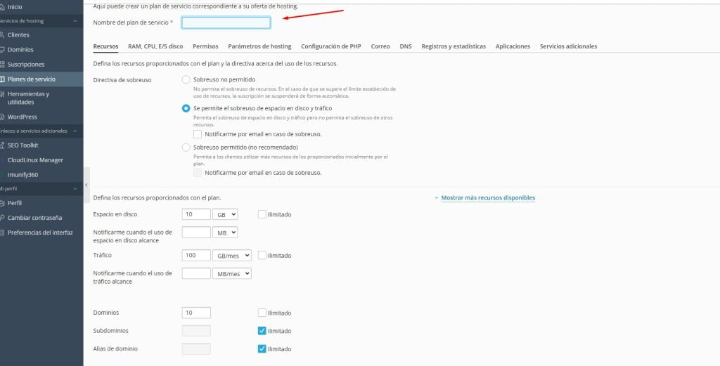crear un Plan de Servicio en Plesk