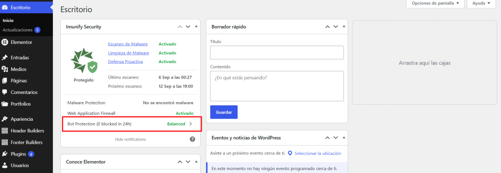 Imunify Security integrado en el panel de administración de WordPress