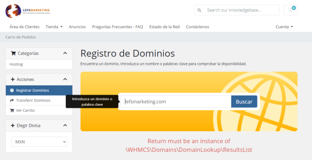 error al buscar dominio