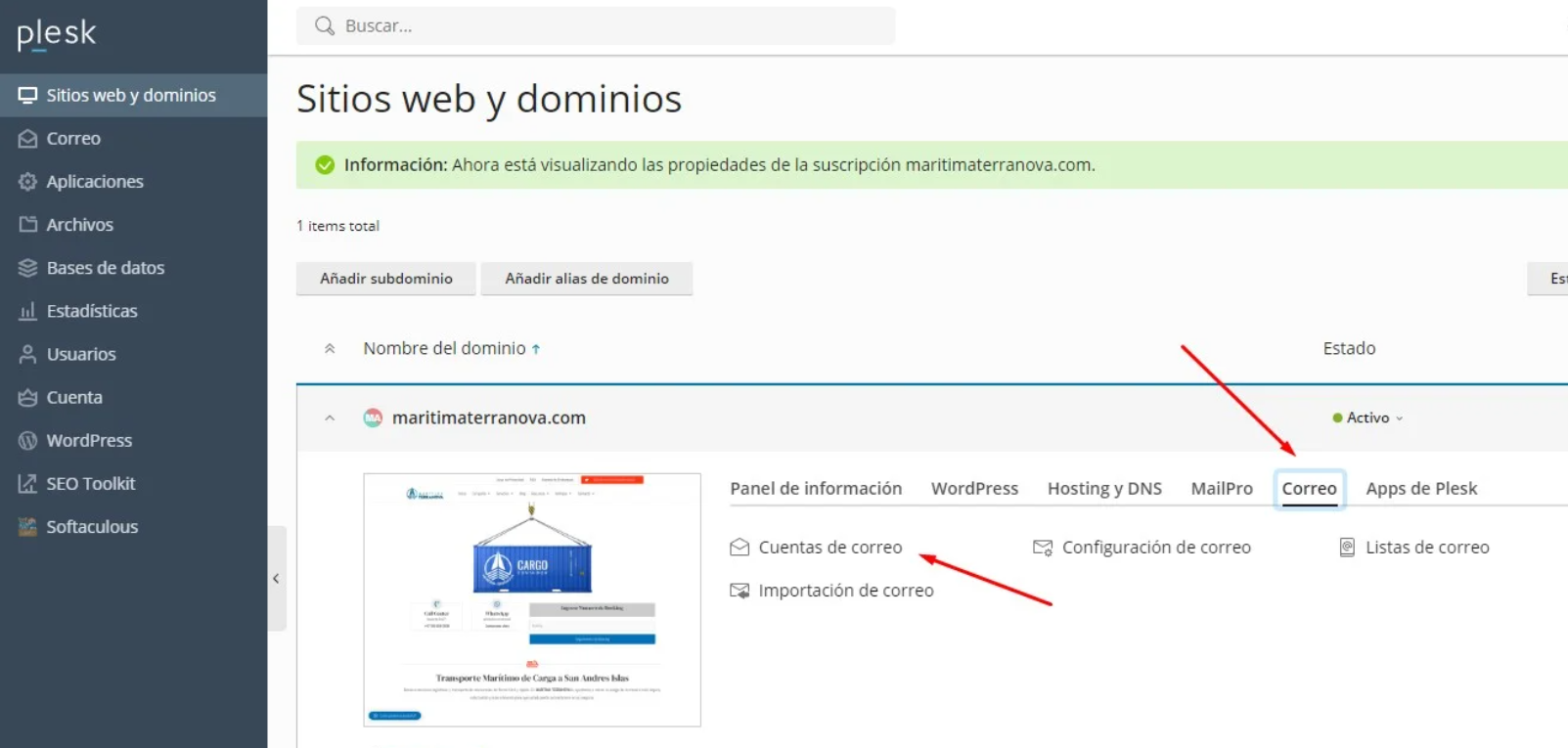Acceder a Correos en Plesk
