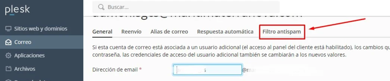 Acceder al filtro antispam en plesk