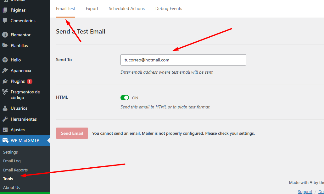 Email de prueba en WordPress