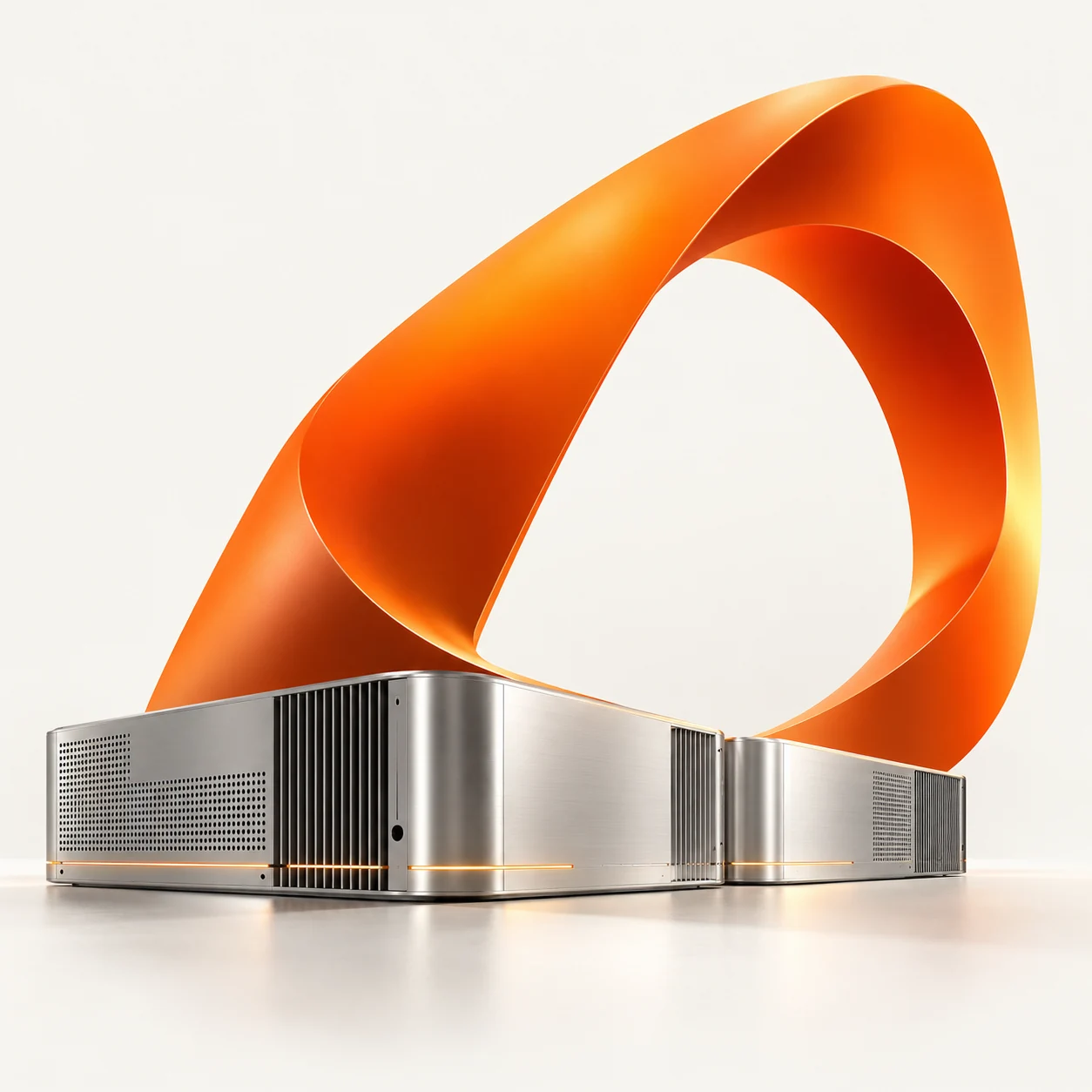 Escultura conceptual naranja sobre una base tecnológica: una idea con espacio para crecer.