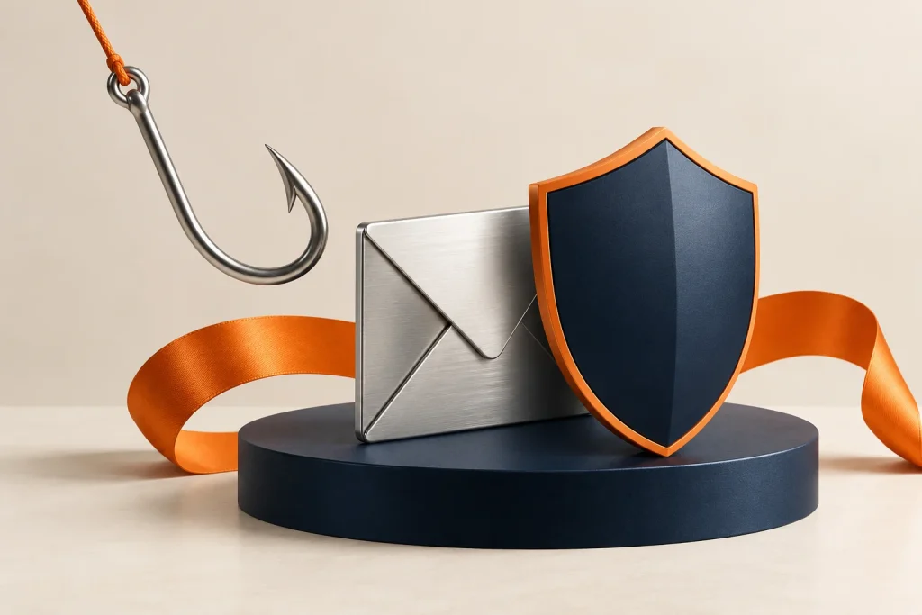 Ilustración editorial de 10 tipos de ataques y estafas de phishing