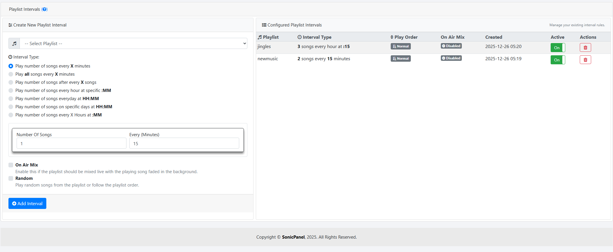 Configuración de intervalos de playlists en SonicPanel